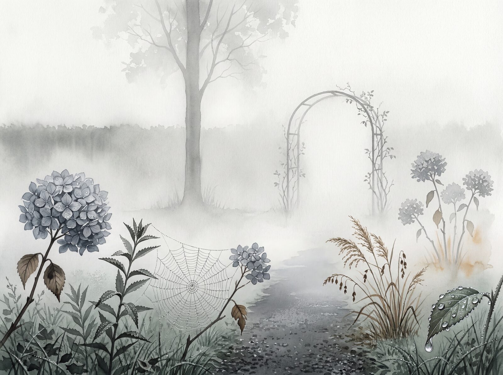 Immersive foggy garden scene with Fog Dark, Fog Mid, and Hydrangea Fade hues. Made to order.