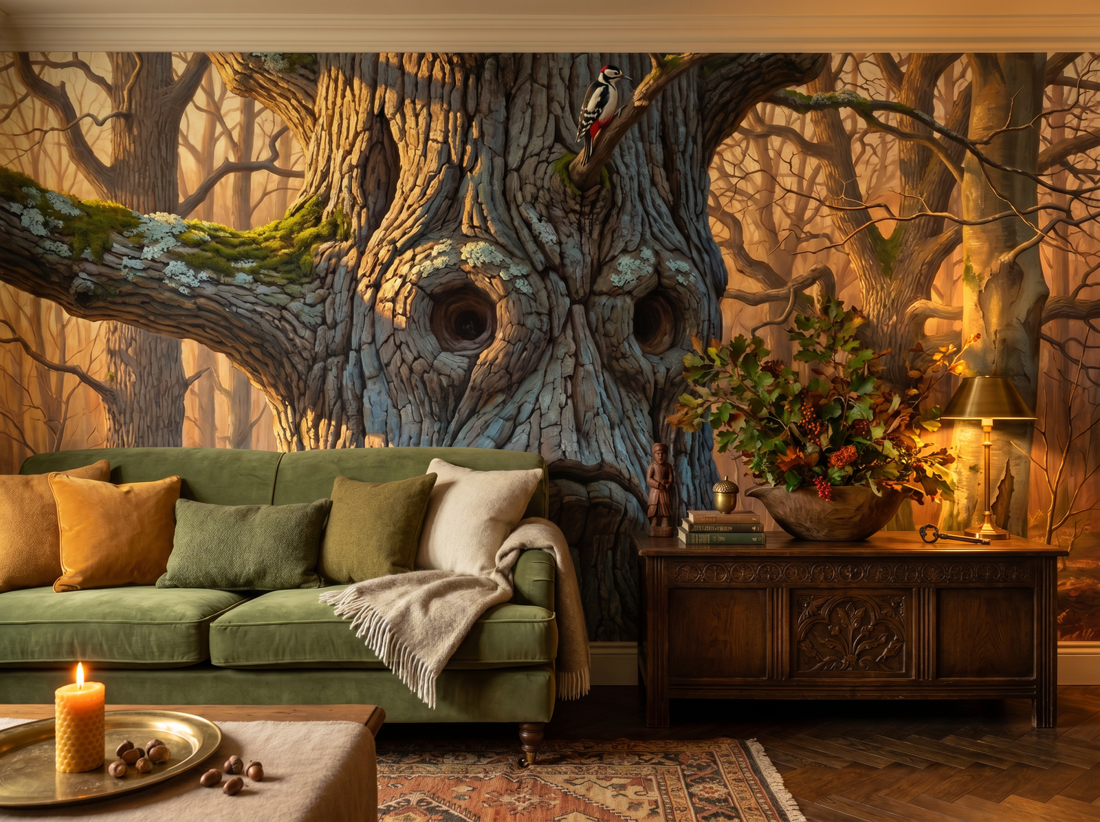 Forest Spirit scenic wallpaper mural on the feature wall of a biophilic study, in a warm brown-and-taupe palette — The Wall Shawl.