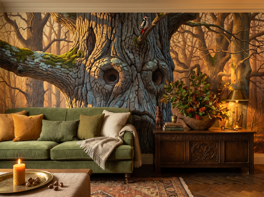 Forest Spirit scenic wallpaper mural on the feature wall of a biophilic study, in a warm brown-and-taupe palette — The Wall Shawl.