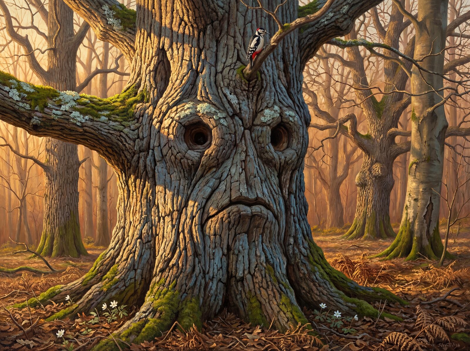 Discover Forest Spirit, a landscape mural in amber, moss, and deep bark. Ancient oak bark reveals a watchful presence. Made to order.