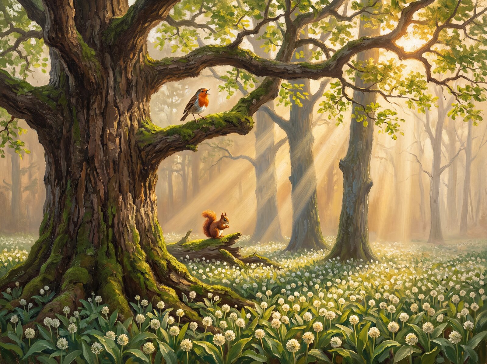 Immersive woodland scene with God-ray Gold, Mist White, and Oak Bark hues. Made to order.