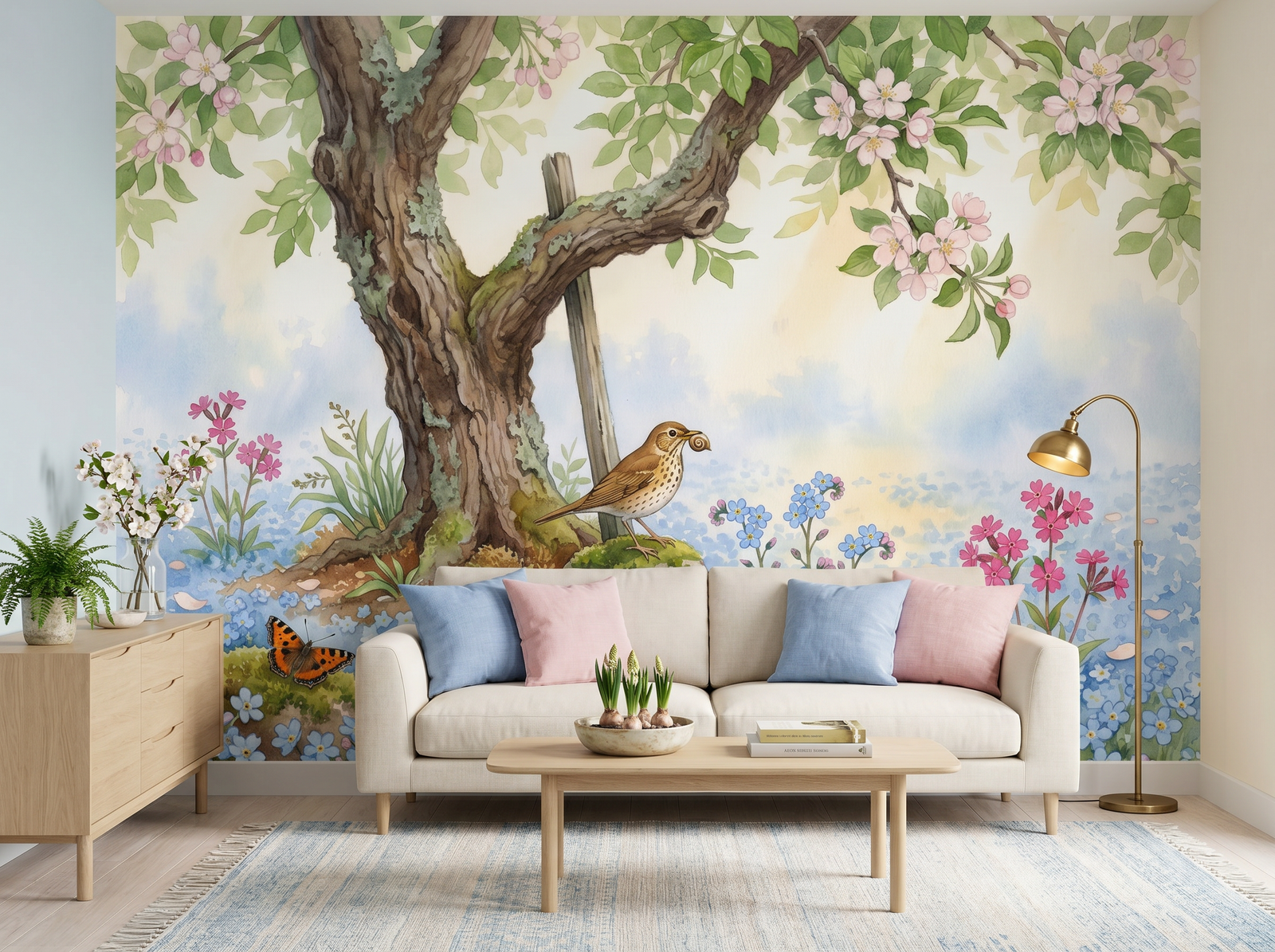Forget-Me-Not Ground scenic wallpaper mural on the feature wall of an English-country bedroom, in a soft grey palette — The Wall Shawl.