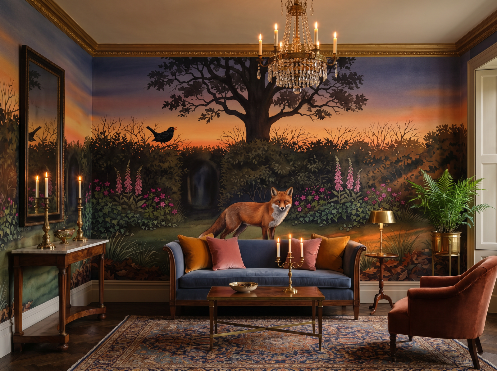 Fox at Dusk scenic wallpaper mural on the feature wall of an English-country study, in a moody black-and-charcoal palette — The Wall Shawl.