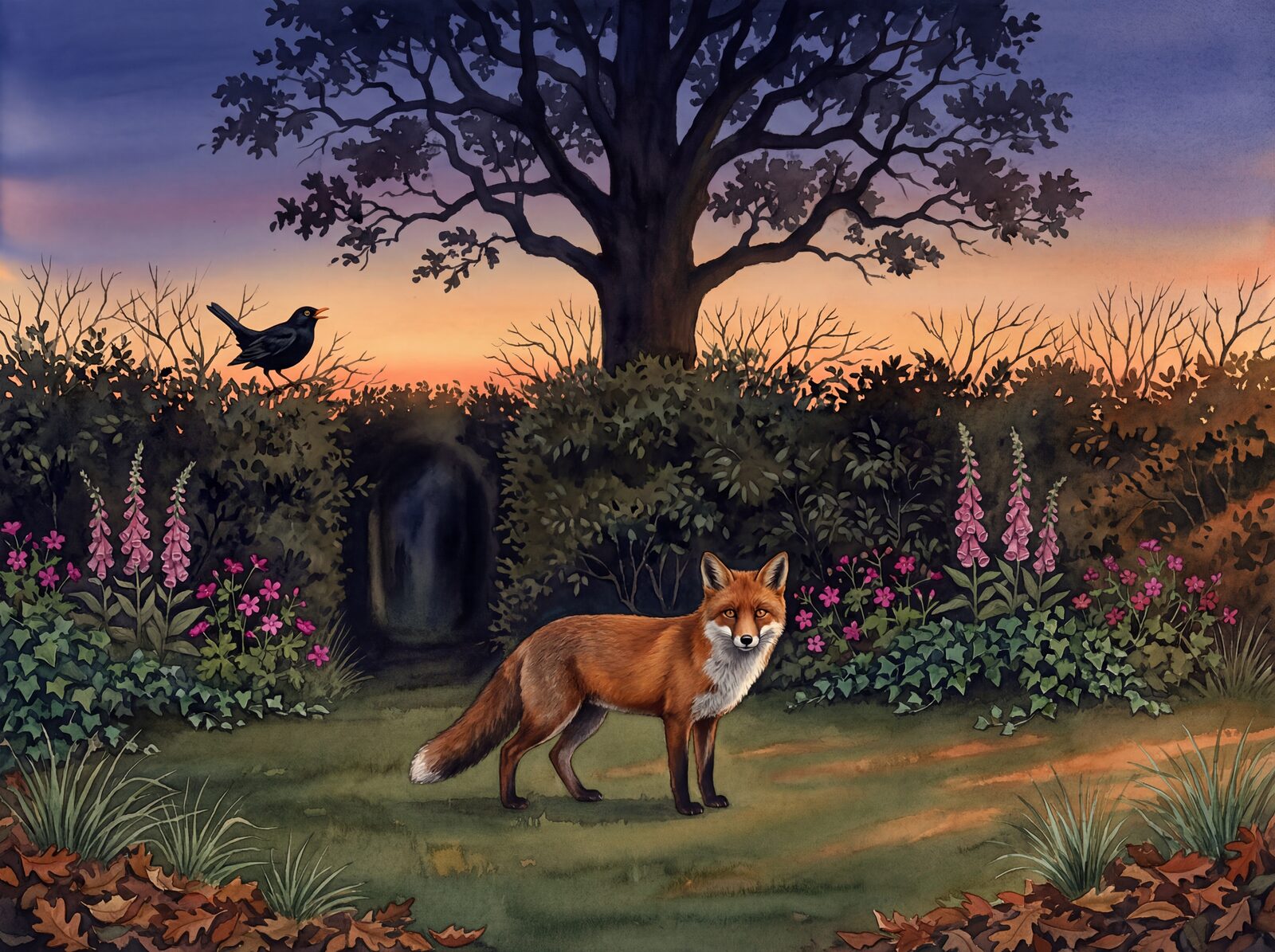 Intimate wildlife encounter in a Morris tapestry setting with Fox at Dusk #1a1820, Fox Russet #e8d8c0, and Dusk Sky #3a5028. Made to order.