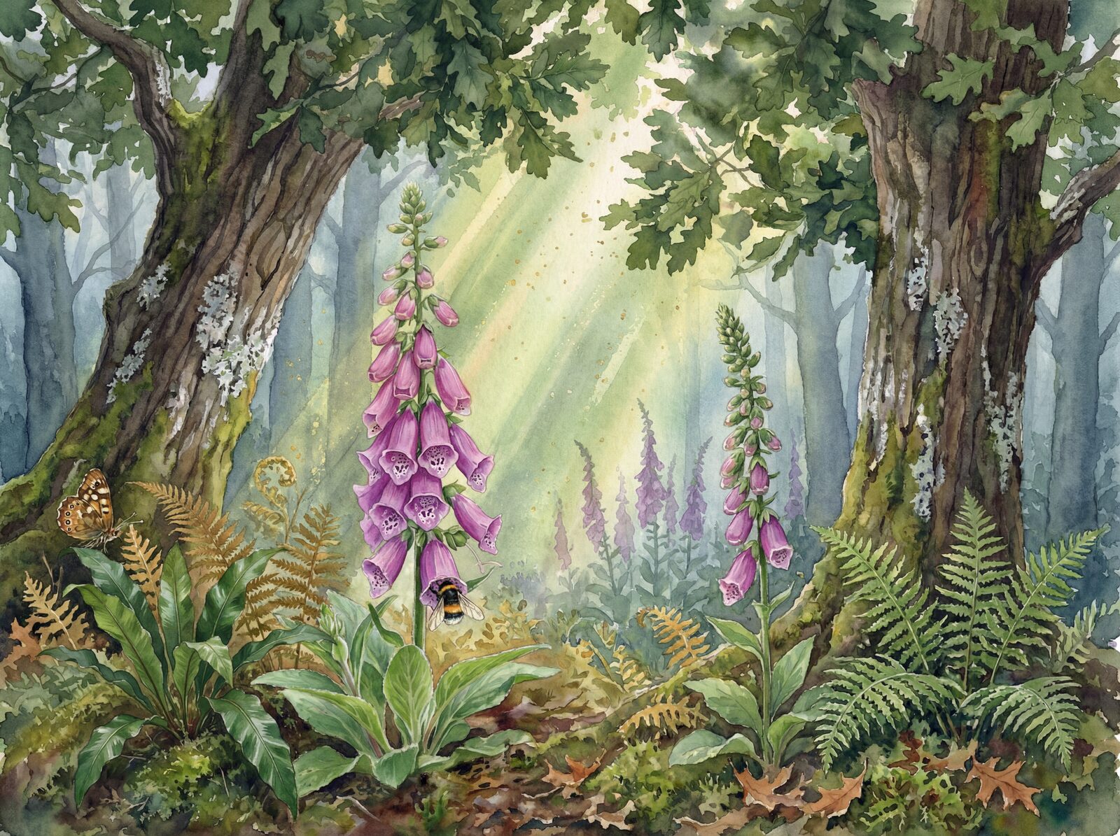 Enchanted woodland scene with Foxglove Purple, Oak Green, and Bracken Gold. Made to order.
