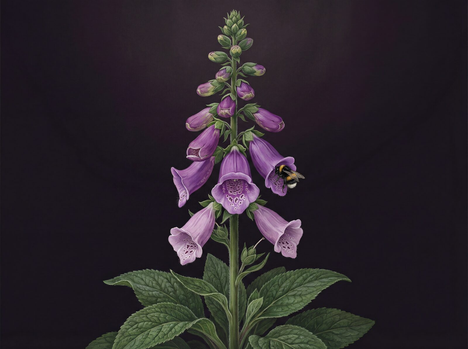 Immerse yourself in the wild beauty of a towering foxglove. Deep purples, rich greens, and a touch of gold. Made to order.