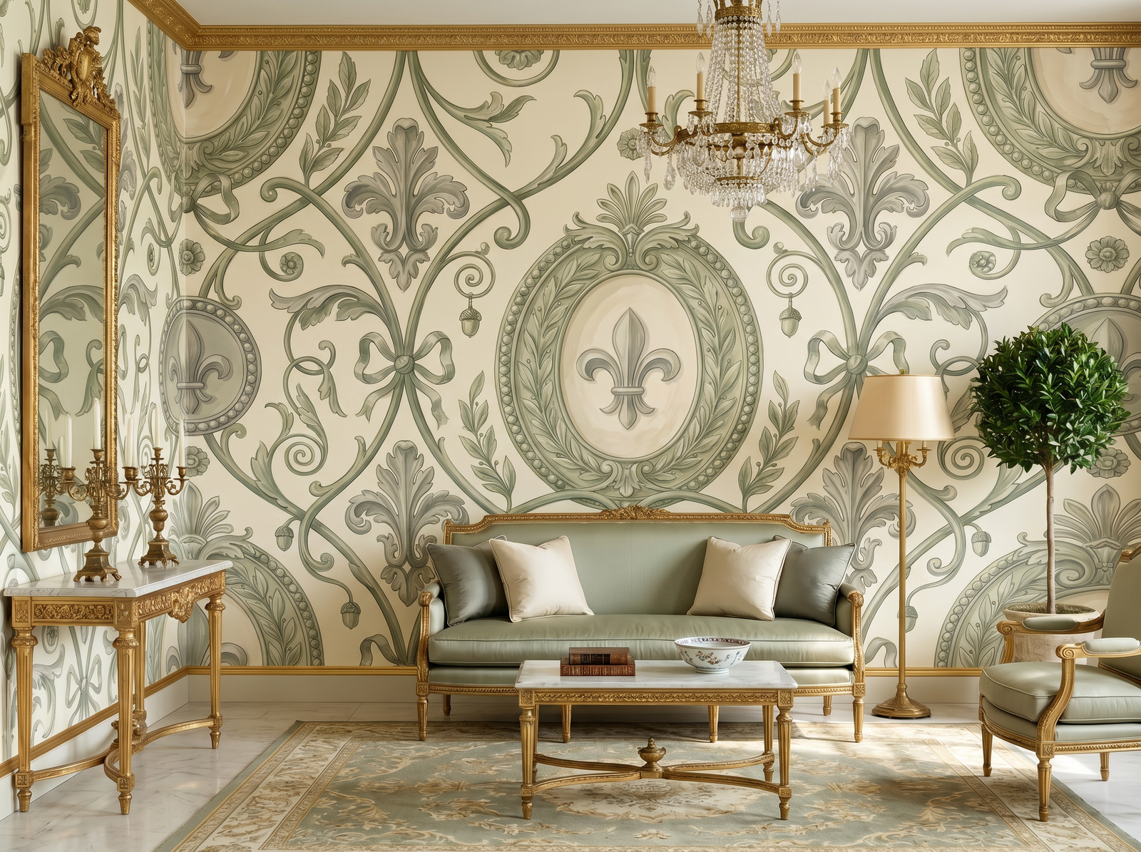 Loire Valley Damask scenic wallpaper mural on the feature wall of a French-country bedroom, in a soft grey palette — The Wall Shawl.
