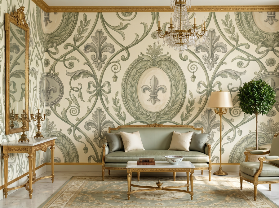 Loire Valley Damask scenic wallpaper mural on the feature wall of a French-country bedroom, in a soft grey palette — The Wall Shawl.
