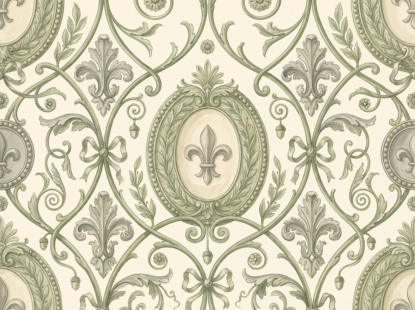 French country damask mural wallpaper with neoclassical oval medallions containing fleur-de-lis, acanthus scrollwork vines, ribbon bows and bead-and-reel borders in sage green and stone grey on a warm aged cream ground