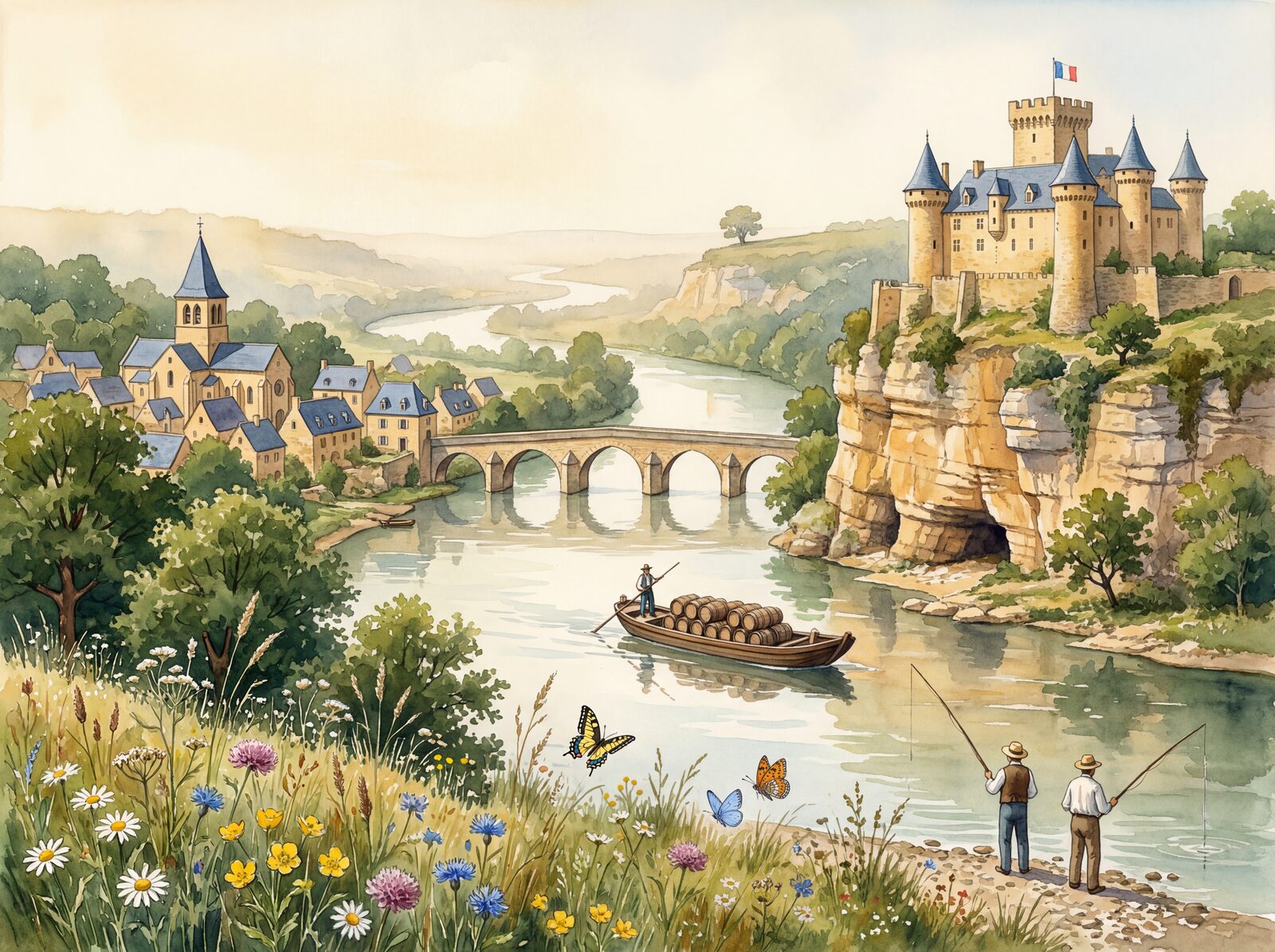 Scenic mural wallpaper featuring Périgord Gold, River Green, and Walnut Dark hues. Made to order.