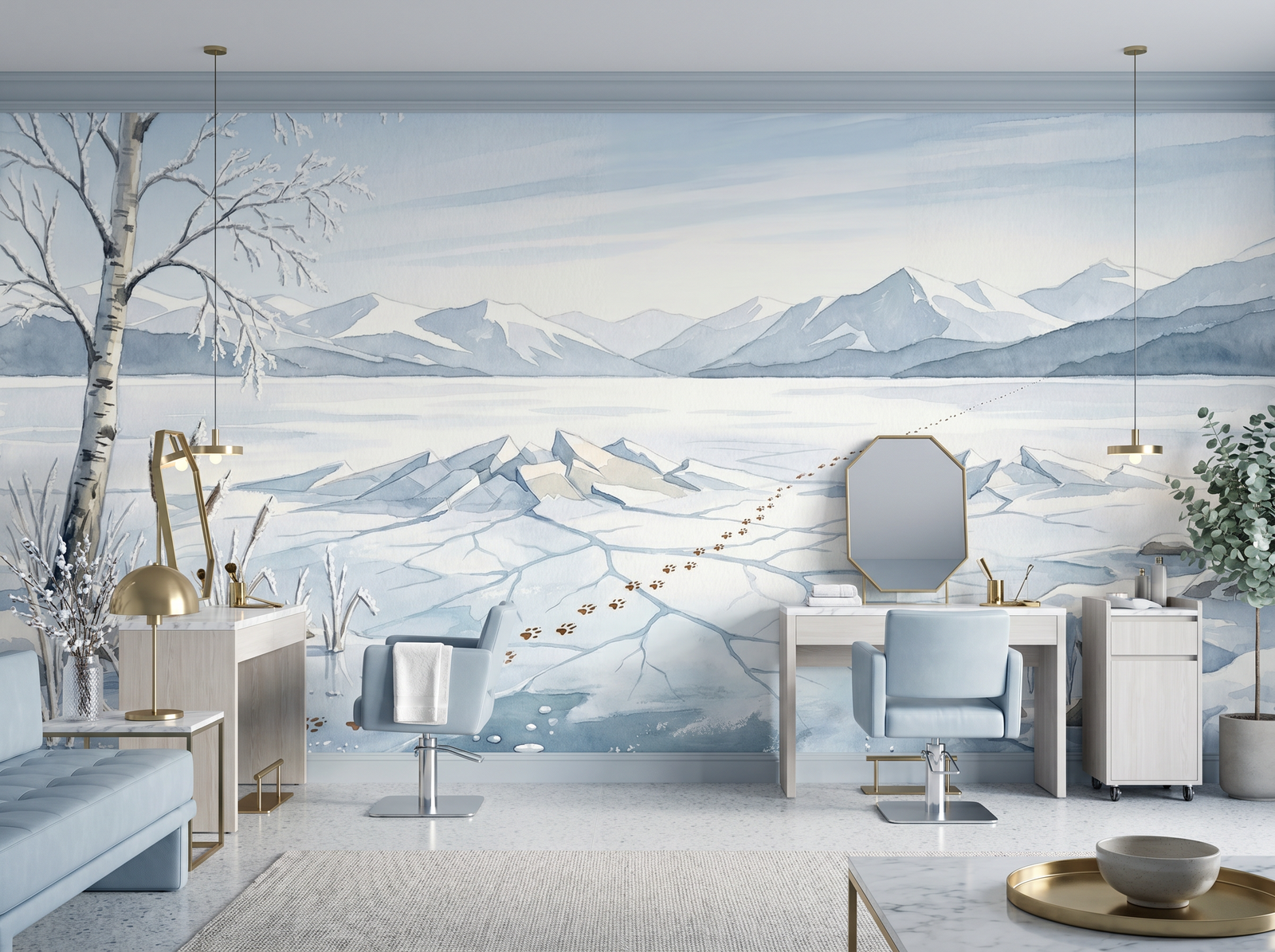 Frozen Lake scenic wallpaper mural on the feature wall of a Scandinavian living room, in a cool blue palette — The Wall Shawl.