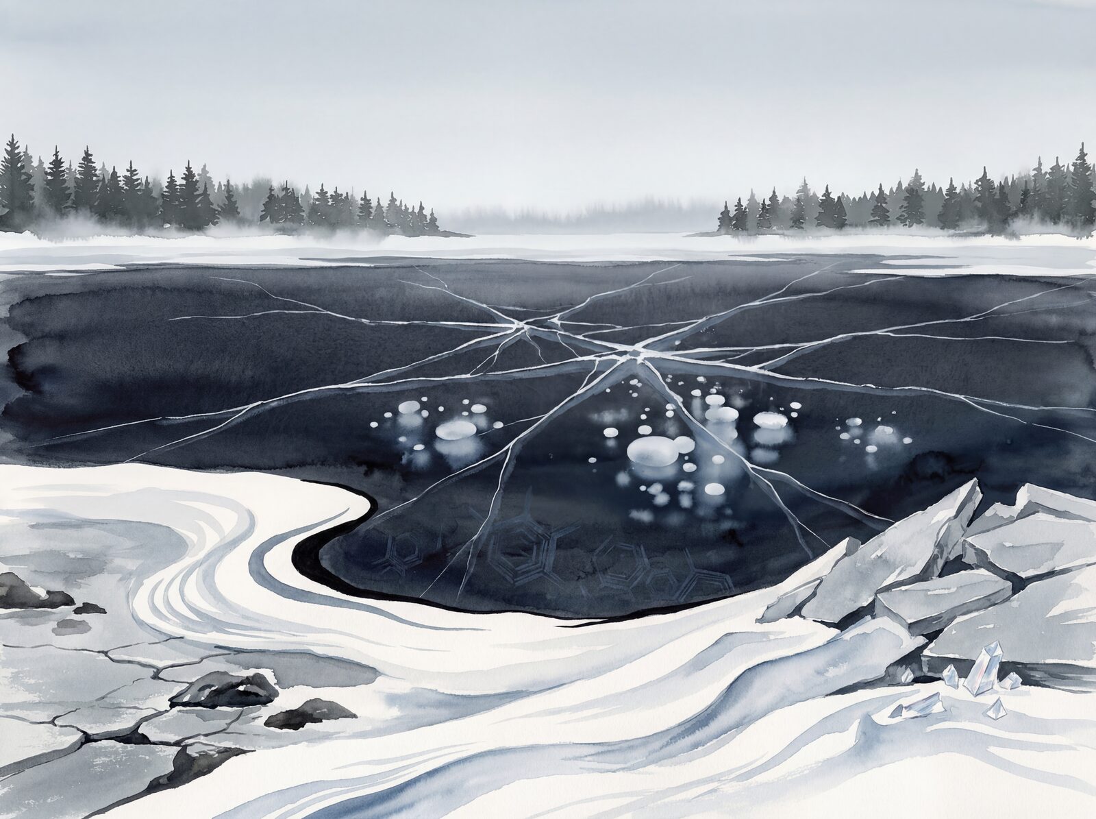 Scenic mural wallpaper featuring a frozen lake in shades of black, white, and grey. Made to order.