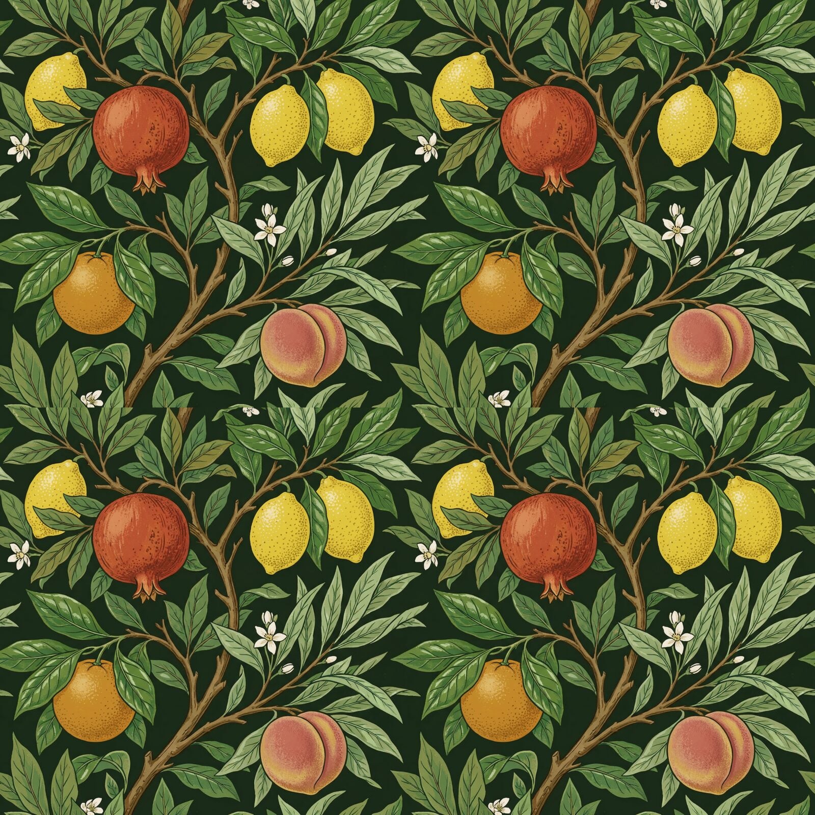 Step into a Victorian paradise with our Fruit Garden mural. Abundant pomegranates, lemons, and peaches on a deep green ground. Made to order.