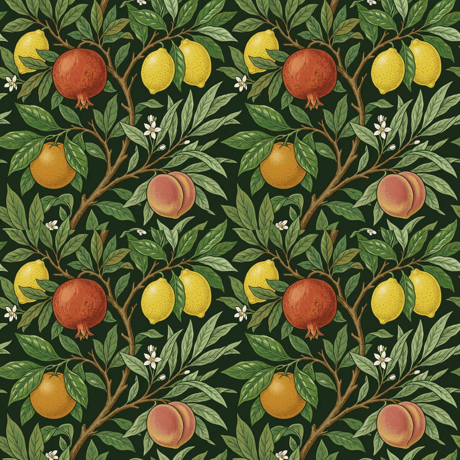 Step into a Victorian paradise with our Fruit Garden mural. Abundant pomegranates, lemons, and peaches on a deep green ground. Made to order.