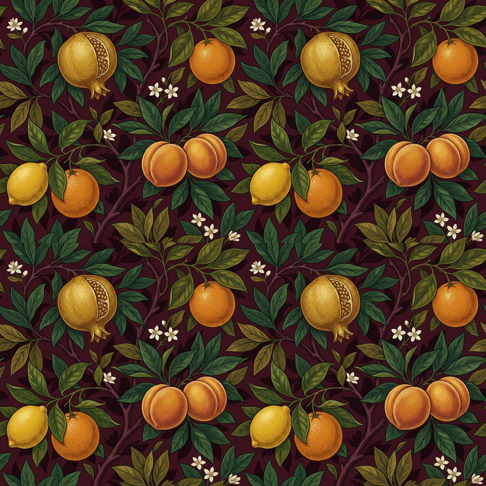 Opulent Fruit Garden Burgundy mural wallpaper with golden fruit and deep wine-red ground. Made to order.