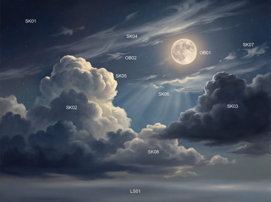Dramatic scenic mural with Moon Silver, Cloud Bright, and Midnight Blue hues. Made to order.