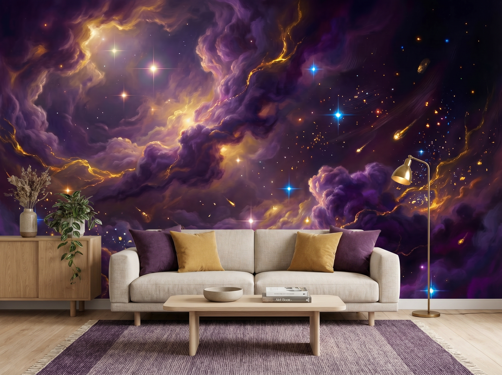 Nebula Cloud scenic wallpaper mural on the feature wall of a dark-academia bedroom, in a soft grey palette — The Wall Shawl.