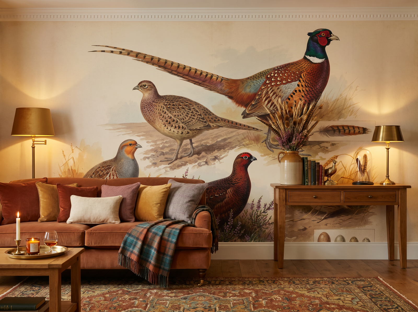 Game Birds scenic wallpaper mural on the feature wall of an English-country entrance hall, in a rich red-and-burgundy palette — The Wall Shawl.