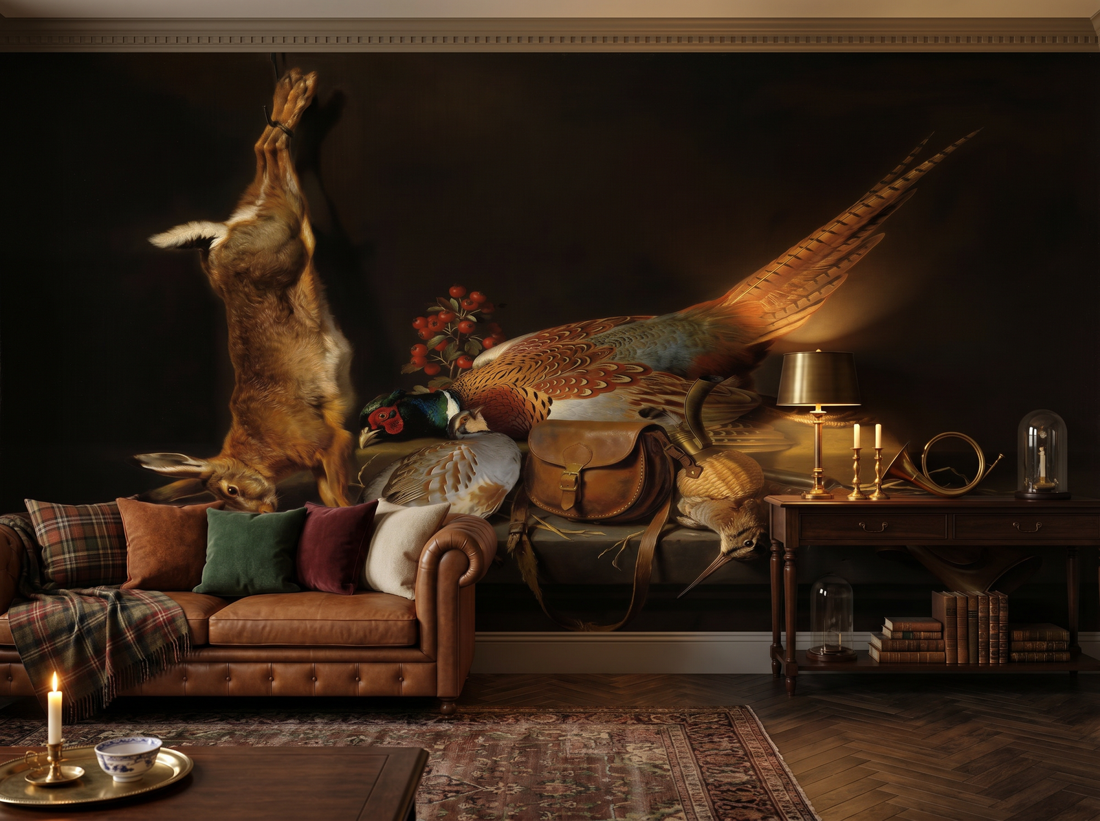 Game Piece wallpaper mural styled in a English Country Dining Room, Animals, Black / Charcoal palette.