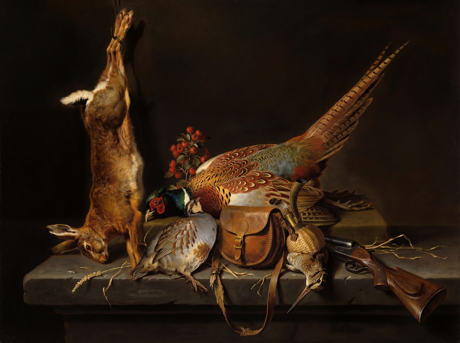 Step into a 17th-century Dutch still life with 'Game Piece', featuring a rich palette of Lodge Dark, Hare Brown, and Pheasant Copper. Made to order.