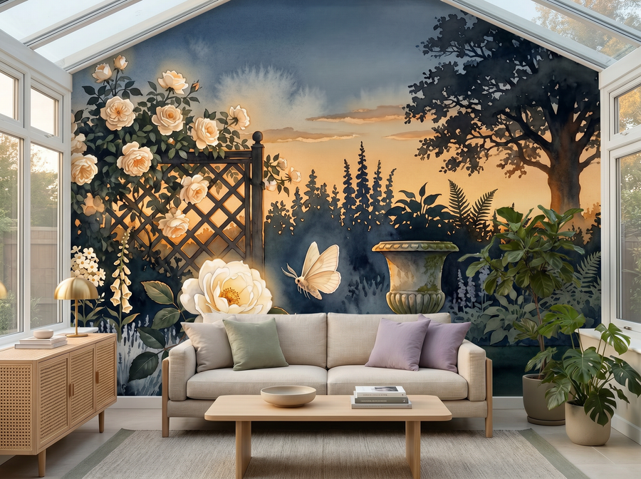 Garden at Dusk scenic wallpaper mural on the feature wall of an English-country bedroom, in a moody black-and-charcoal palette — The Wall Shawl.