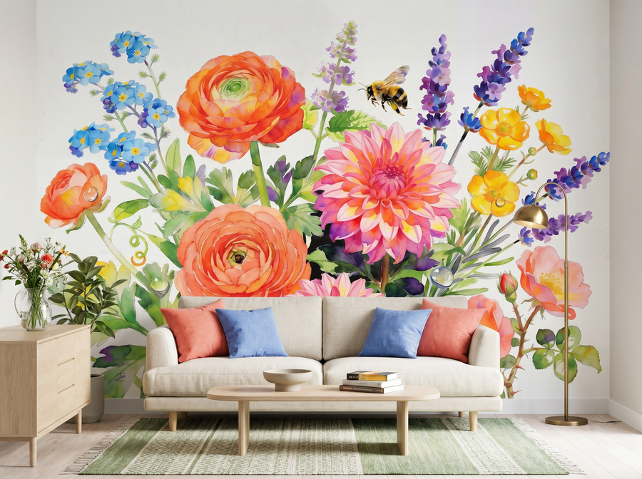 June Garden Bouquet scenic wallpaper mural on the feature wall of a cottagecore kitchen, in a verdant green palette — The Wall Shawl.