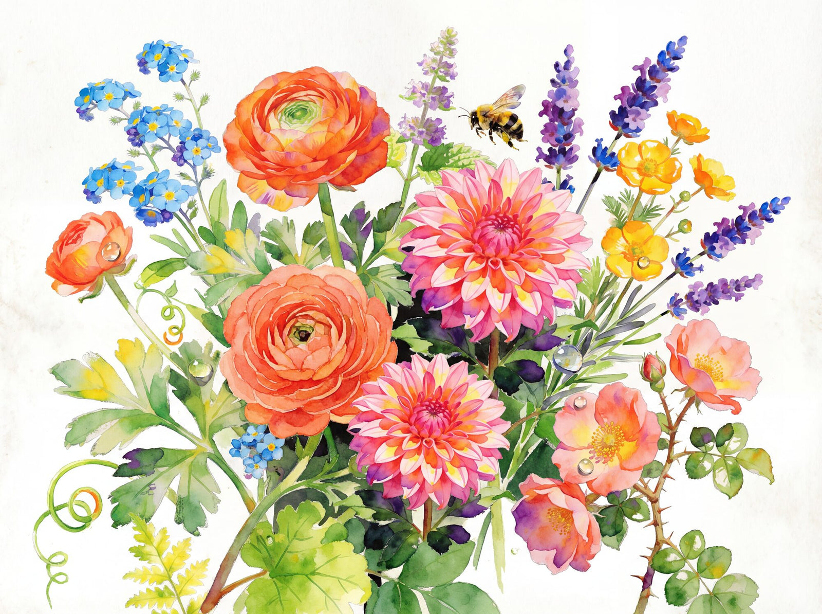 Watercolour floral mural featuring a coral ranunculus at centre, pink dahlia, lavender, yellow buttercups and forget-me-nots on a white ground with a bumblebee mid-flight