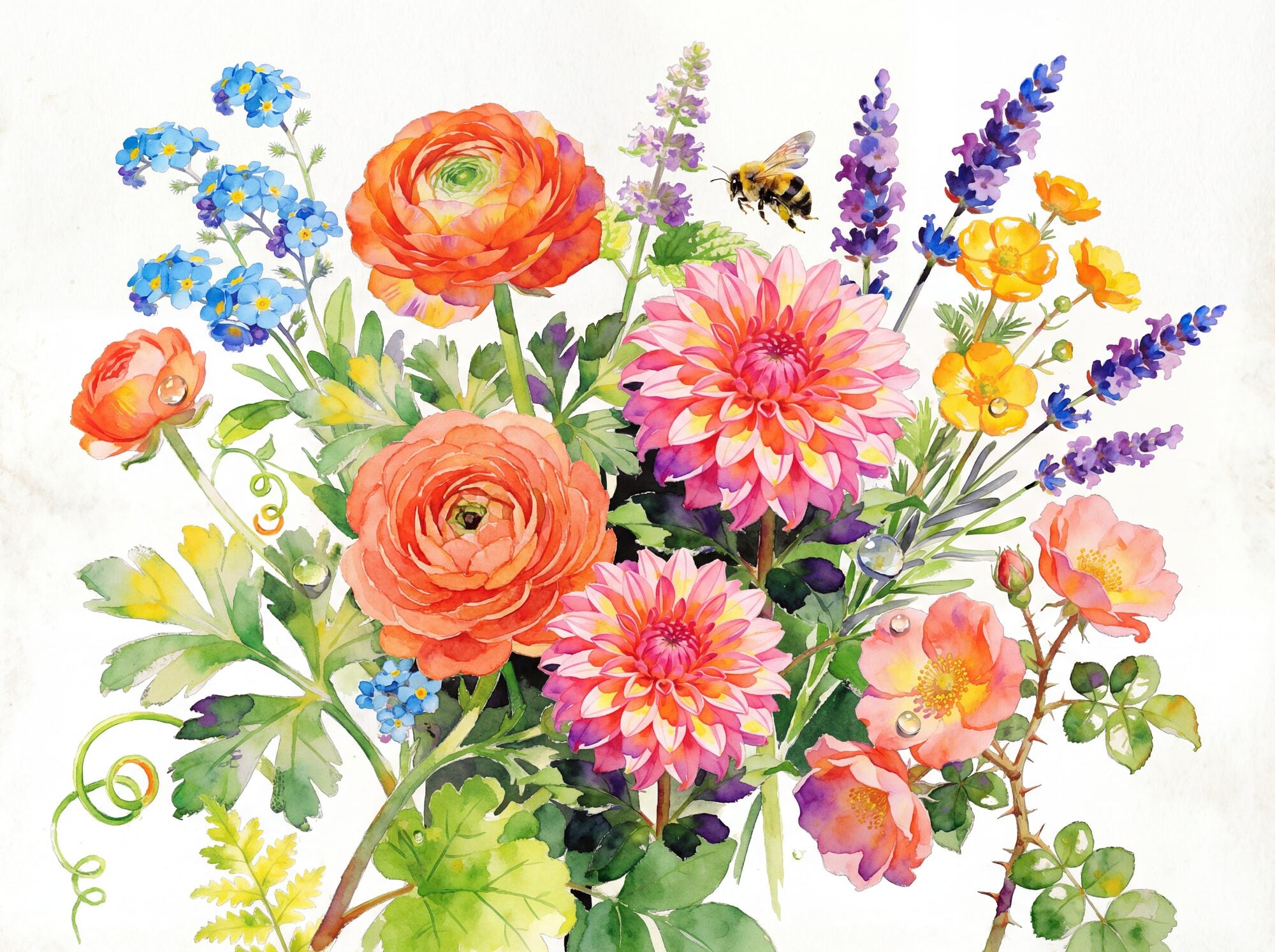 Watercolour floral mural featuring a coral ranunculus at centre, pink dahlia, lavender, yellow buttercups and forget-me-nots on a white ground with a bumblebee mid-flight