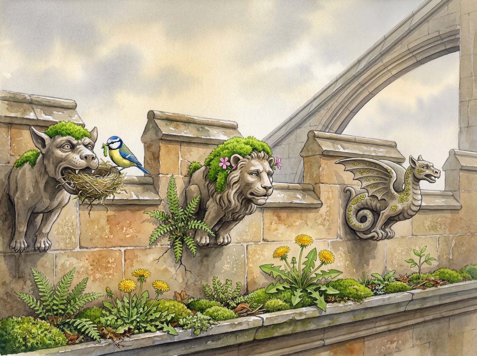 Whimsical cathedral scenery with moss, lichen, and ferns. Palette: Cathedral Stone, Caen Cream, Moss Vivid. Made to order.
