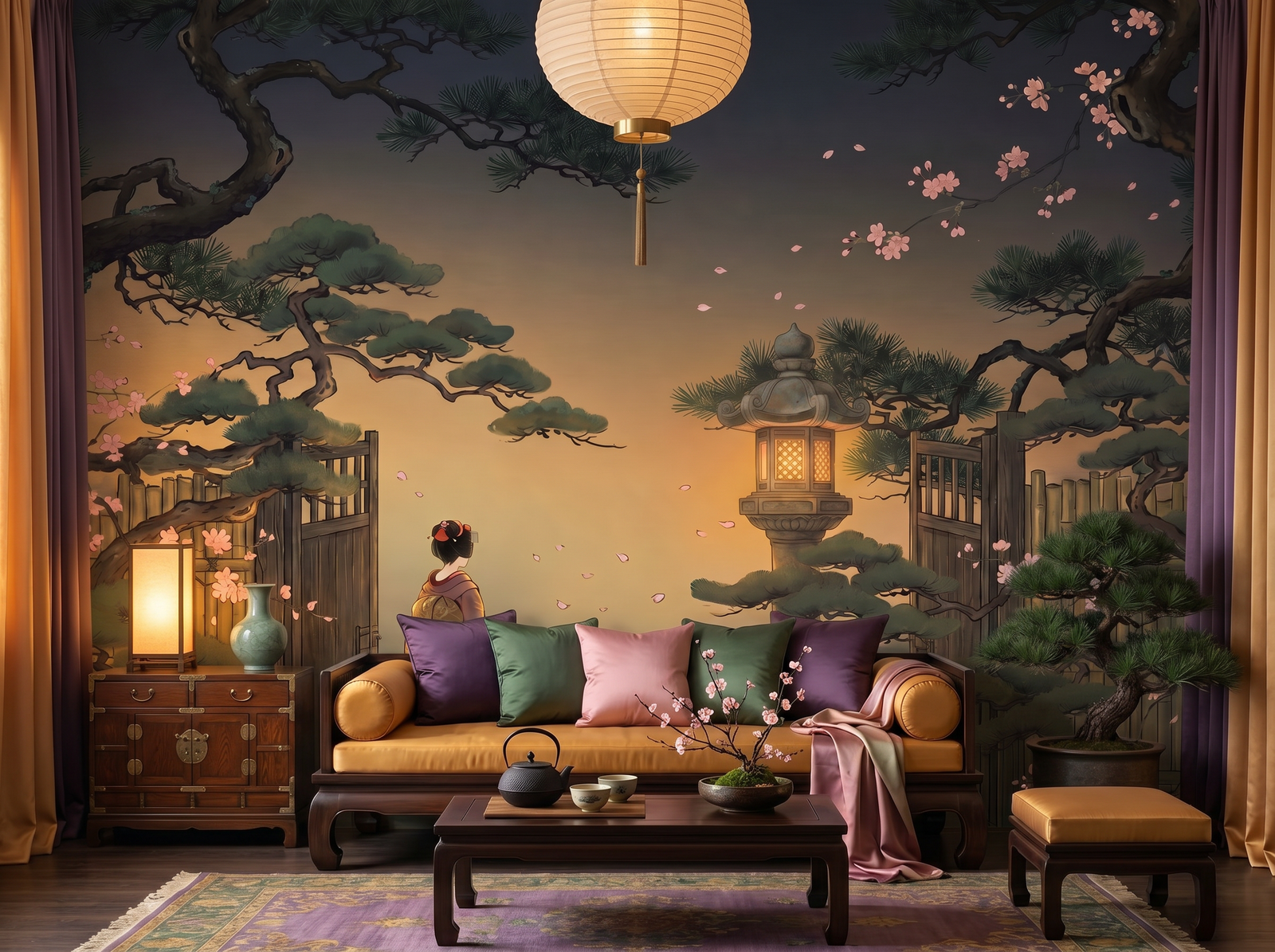 Geisha Garden scenic wallpaper mural on the feature wall of a chinoiserie living room, in a soft grey palette — The Wall Shawl.