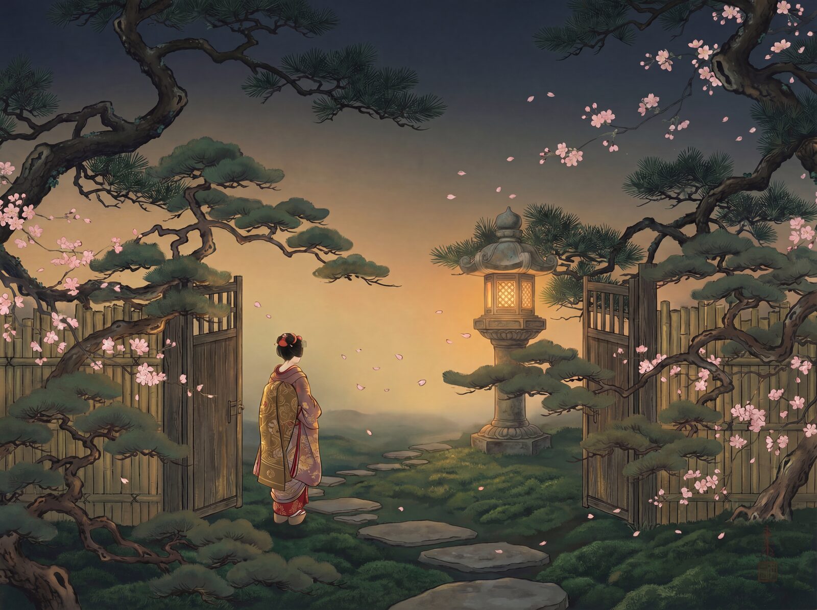 Scenic mural wallpaper in Garden Twilight, Kimono Silk, and Obi Gold hues. Made to order.