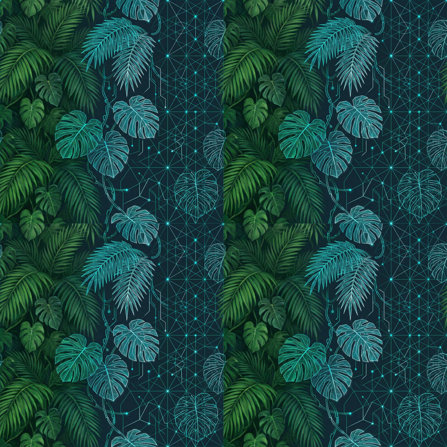 Immerse yourself in a futuristic-organic jungle where nature meets technology. Featuring deep greens, cyan, and white. Made to order.