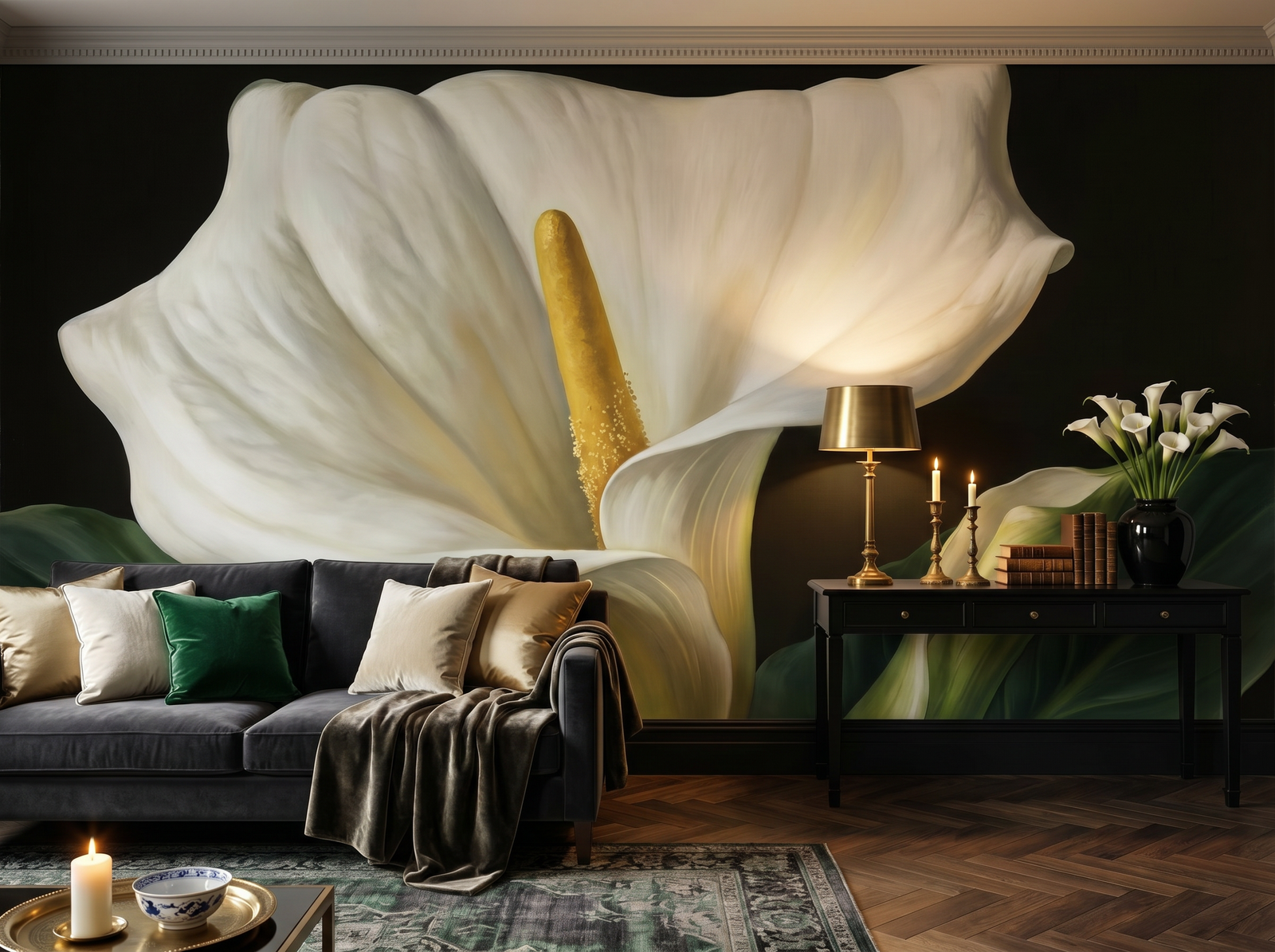 Giant Arum Lily scenic wallpaper mural on the feature wall of an English-country entrance hall, in a golden yellow-and-ochre palette — The Wall Shawl.