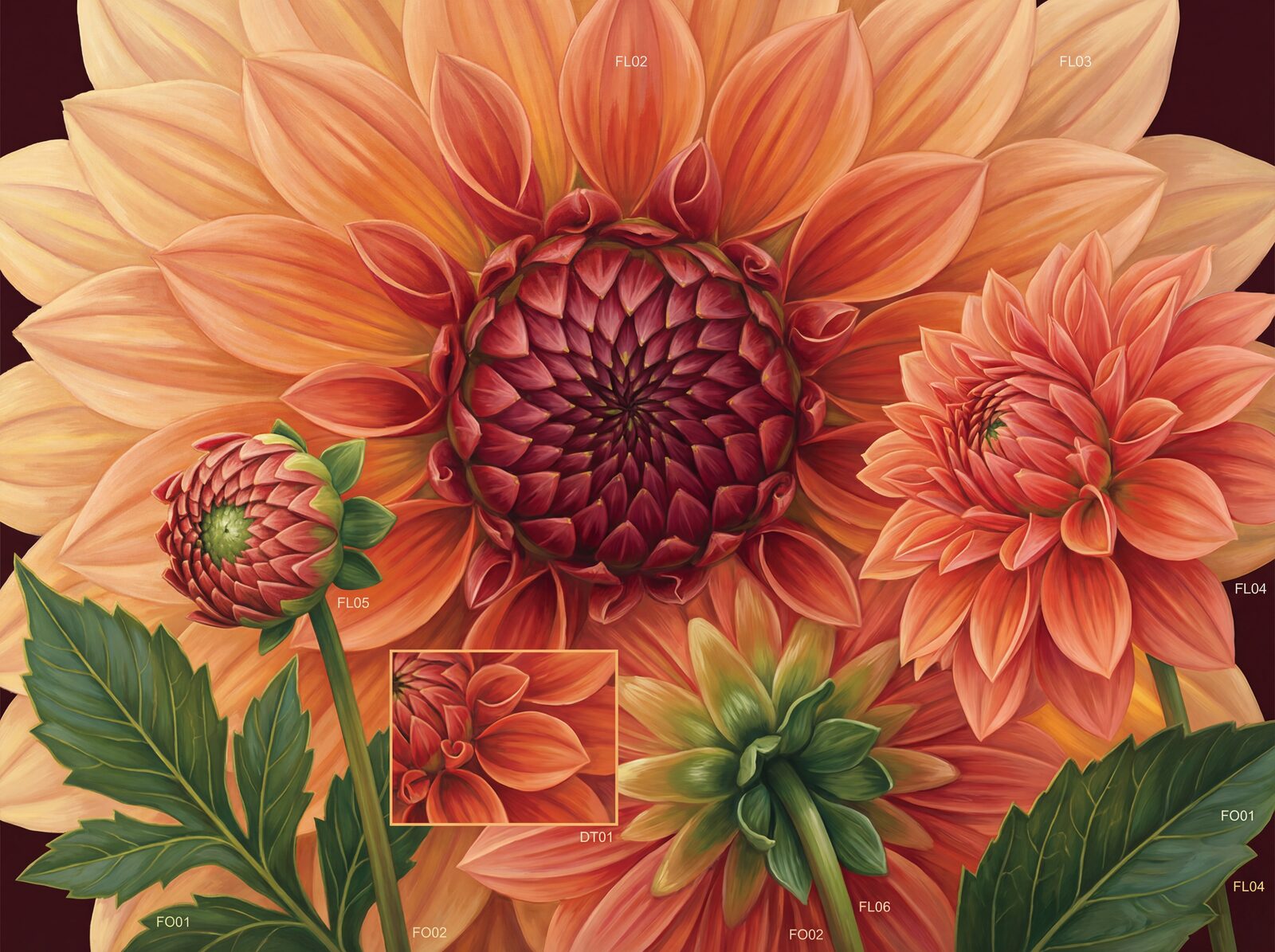 Experience the fiery beauty of a colossal dinner-plate dahlia. Rich burgundy, coral, flame orange, and apricot hues. Made to order.