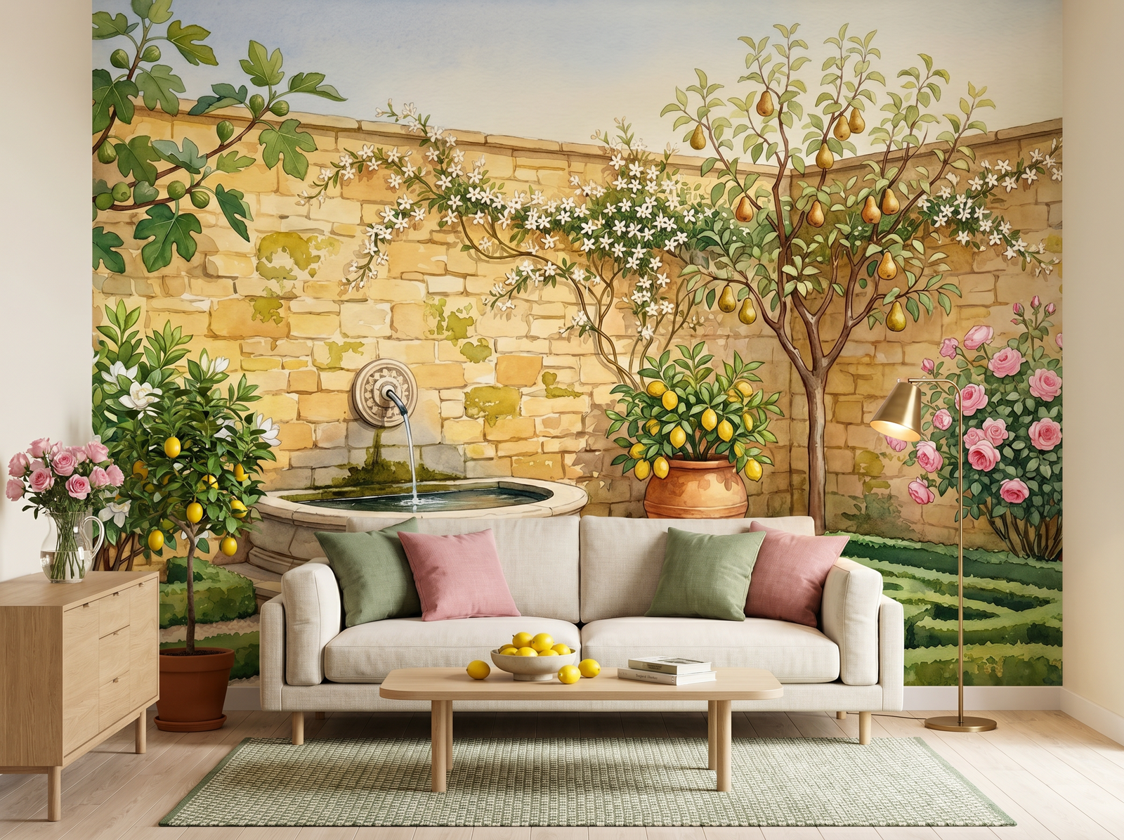 Giardino Segreto scenic wallpaper mural on the feature wall of an English-country bathroom, in a golden yellow-and-ochre palette — The Wall Shawl.