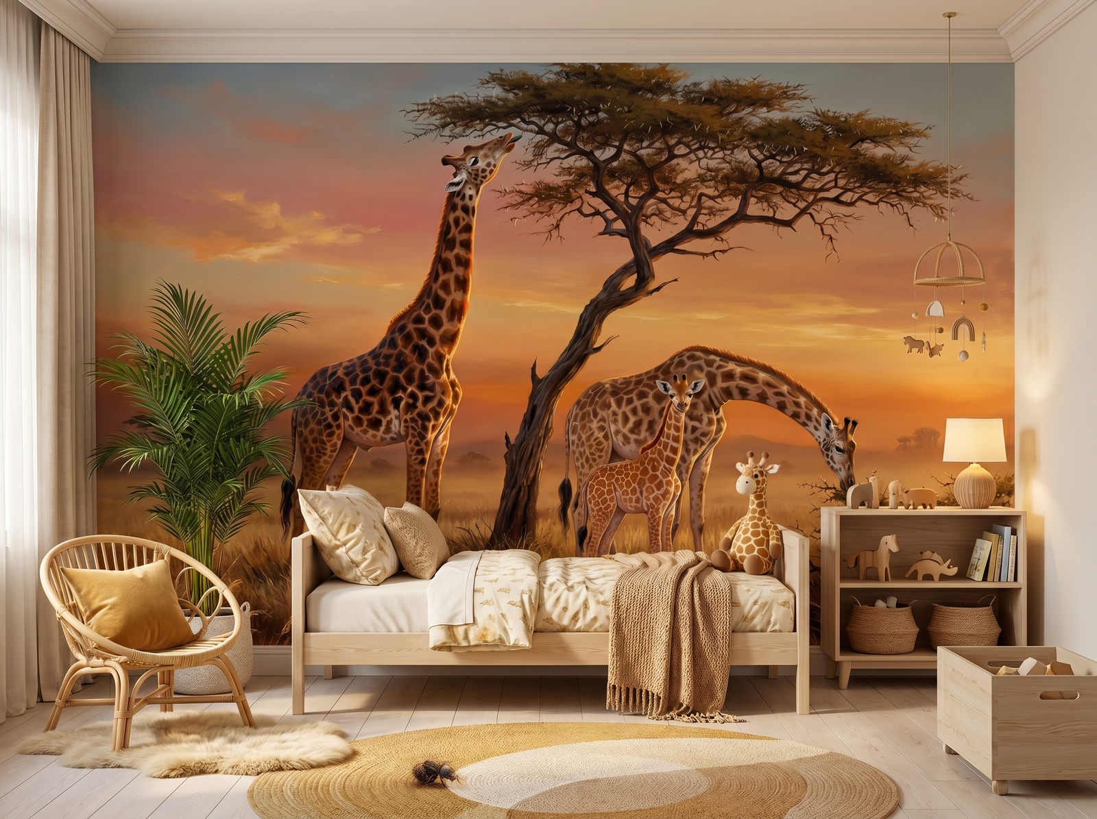 Giraffe Acacia scenic wallpaper mural on the feature wall of an English-country bedroom, in a soft grey palette — The Wall Shawl.