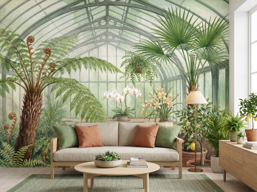 Glasshouse Interior scenic wallpaper mural on the feature wall of an English-country bathroom, in a verdant green palette — The Wall Shawl.