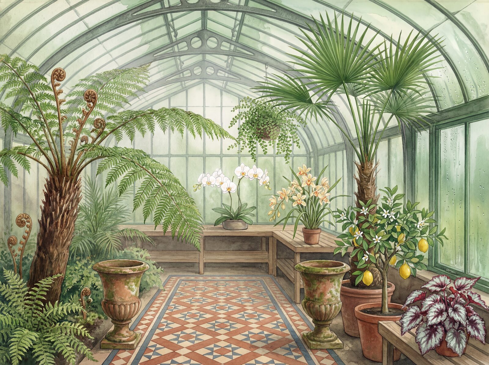 Victorian glasshouse scene with lush green palette. Made to order.