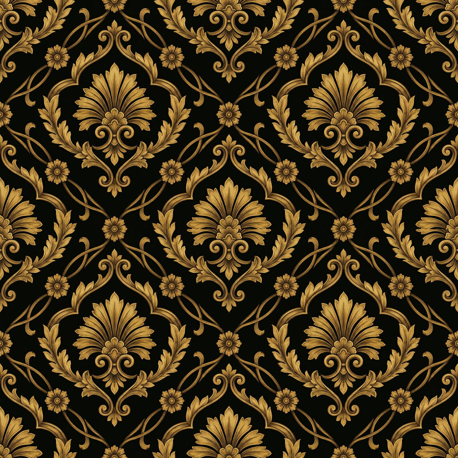 Experience opulent restraint with our Gold on Black Damask mural wallpaper. Warm, tarnished gold glows against a deep lacquer black. Made to order.