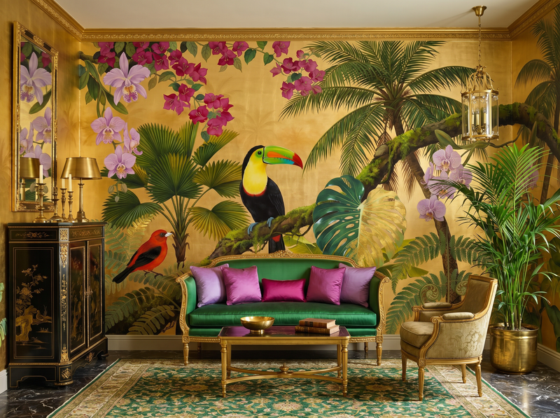 Gold Paradise Tropical Chinoiserie — Scenic Mural Wallpaper