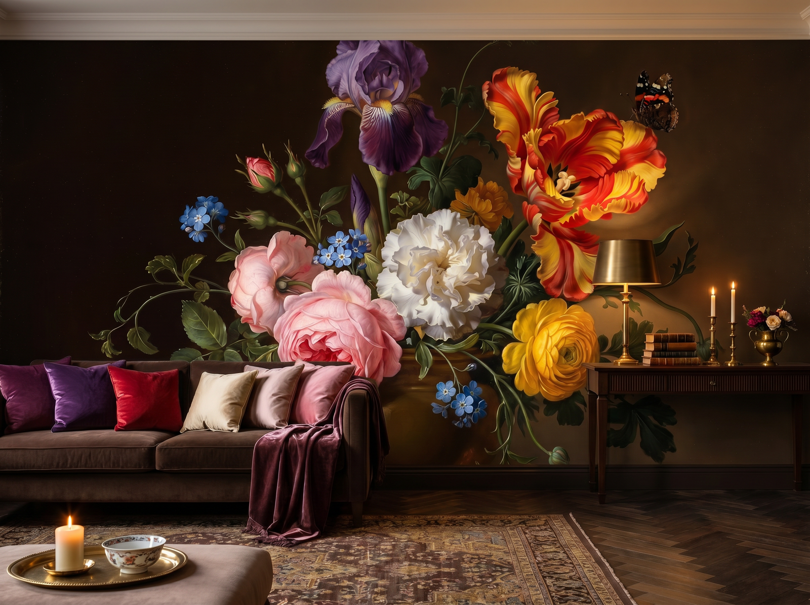 Golden Age Bouquet scenic wallpaper mural on the feature wall of an English-country dining room, in a moody black-and-charcoal palette — The Wall Shawl.