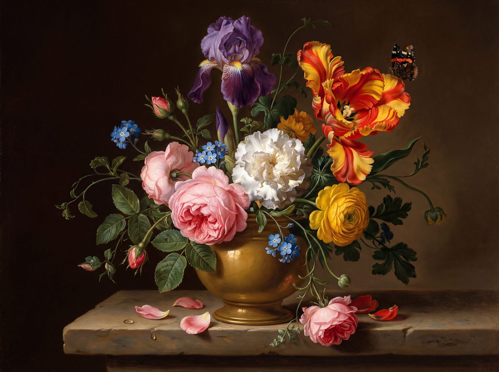 Step into a 17th-century Dutch masterpiece with this rich floral mural. Profound darks, vibrant reds, soft pinks, and warm golds. Made to order.