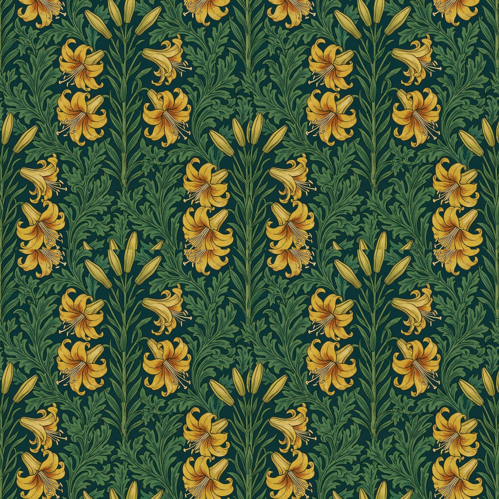 Experience the opulent Golden Lily mural wallpaper, a rich tapestry of deep teal, luminous gold, and burnt orange. Made to order.