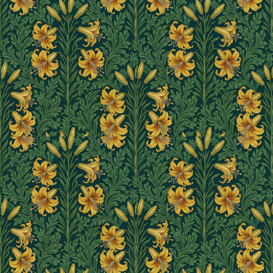 Experience the opulent Golden Lily mural wallpaper, a rich tapestry of deep teal, luminous gold, and burnt orange. Made to order.