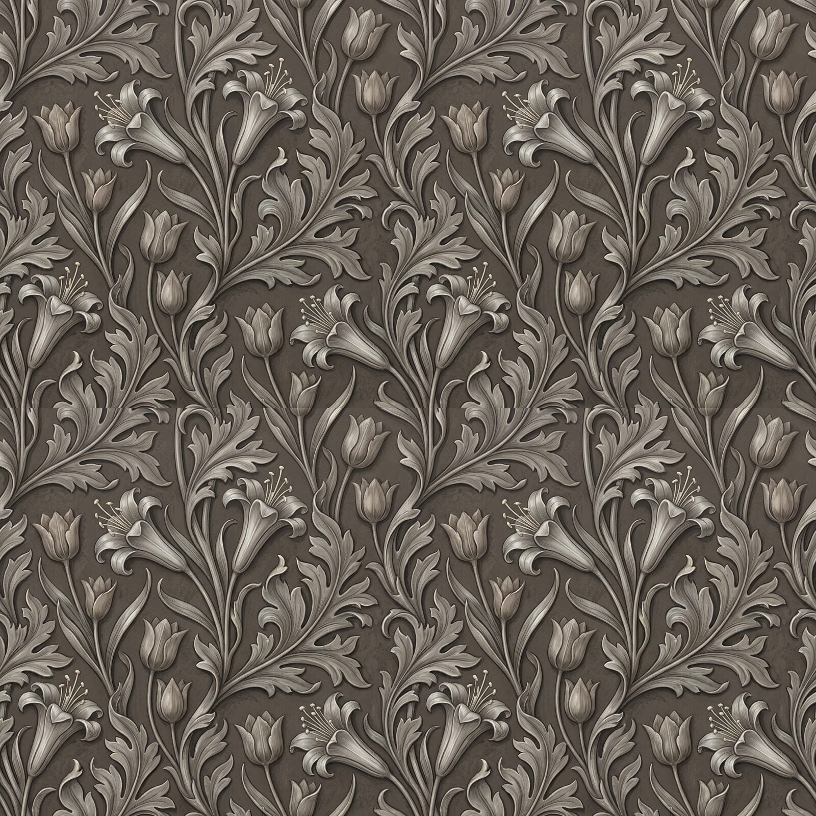 Experience the sculptural beauty of Golden Lily in warm grey and silver on a dark ground. Made to order.