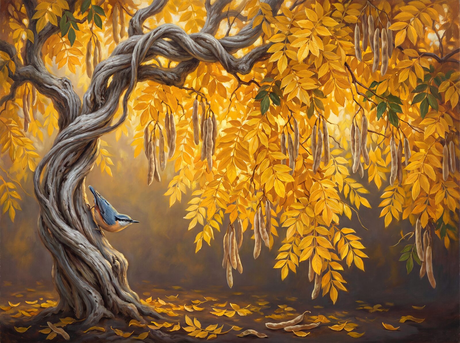 Experience the luminous gold of autumn wisteria with warm charcoal and amber tones. Made to order for a perfect fit.