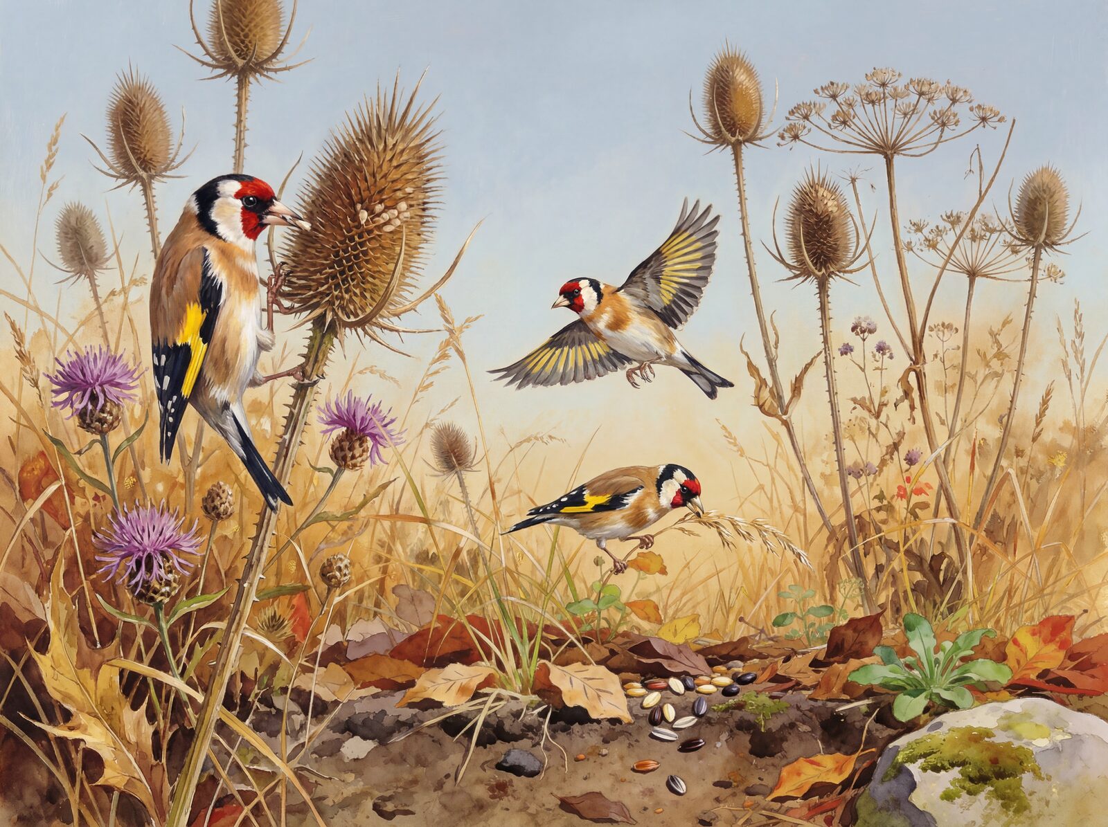 Witness autumn's bounty with Goldfinch on Teasel mural wallpaper, featuring crimson, gold, and warm browns. Made to order.