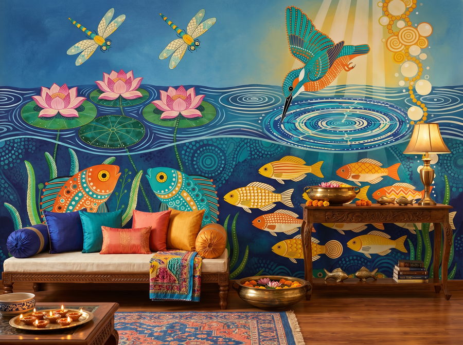 Gond Fish Pond scenic wallpaper mural on the feature wall of an eclectic bathroom, in a moody black-and-charcoal palette — The Wall Shawl.