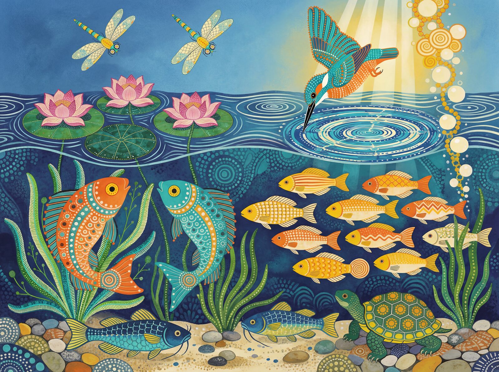 Immerse yourself in the tranquil depths of a Gond village pond, teeming with patterned fish and lotus blooms. Deep blues, vibrant oranges, and rich greens. Made to order.