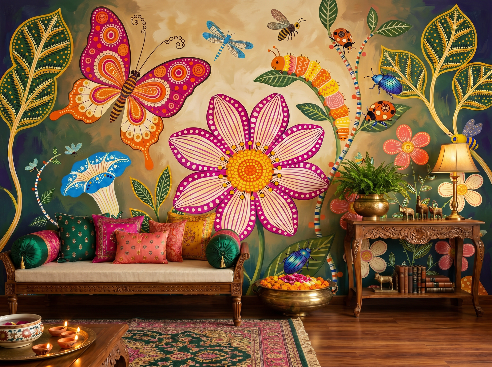 Gond Garden scenic wallpaper mural on the feature wall of an eclectic cloakroom, in a soft grey palette — The Wall Shawl.